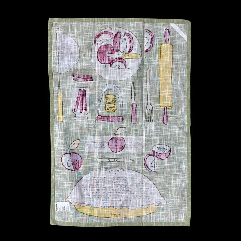Crate and Barrel Vera Neumann Apple Pie Recipe Dish Hand Towel Green Retro